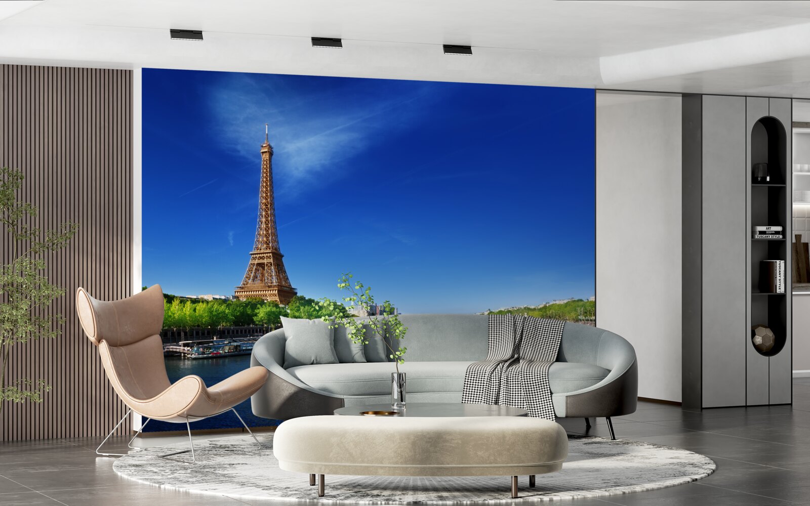 Papier peint panorama de la tour eiffel depuis la rive opposée