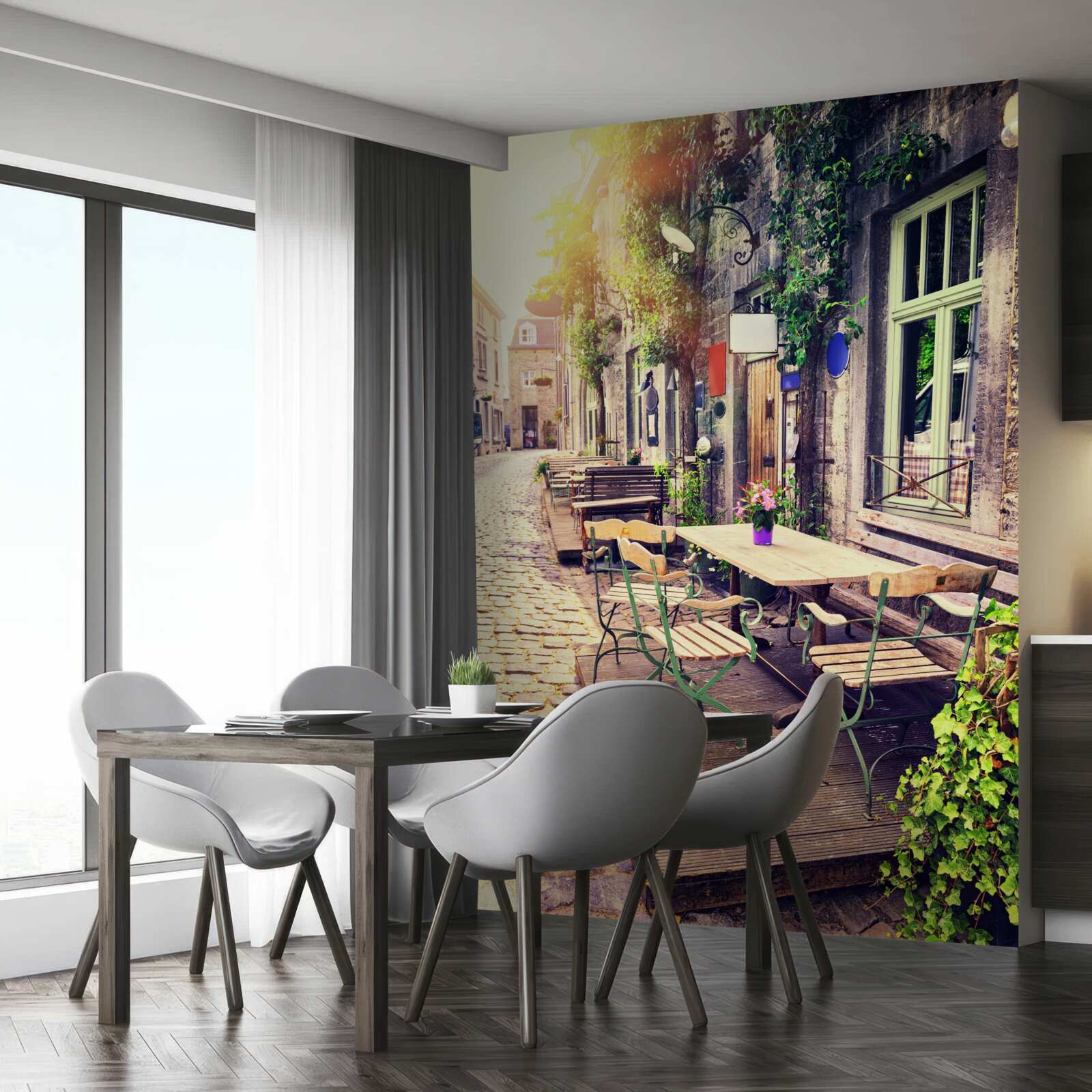Papier peint café familial avec une atmosphère chaleureuse à l'aube