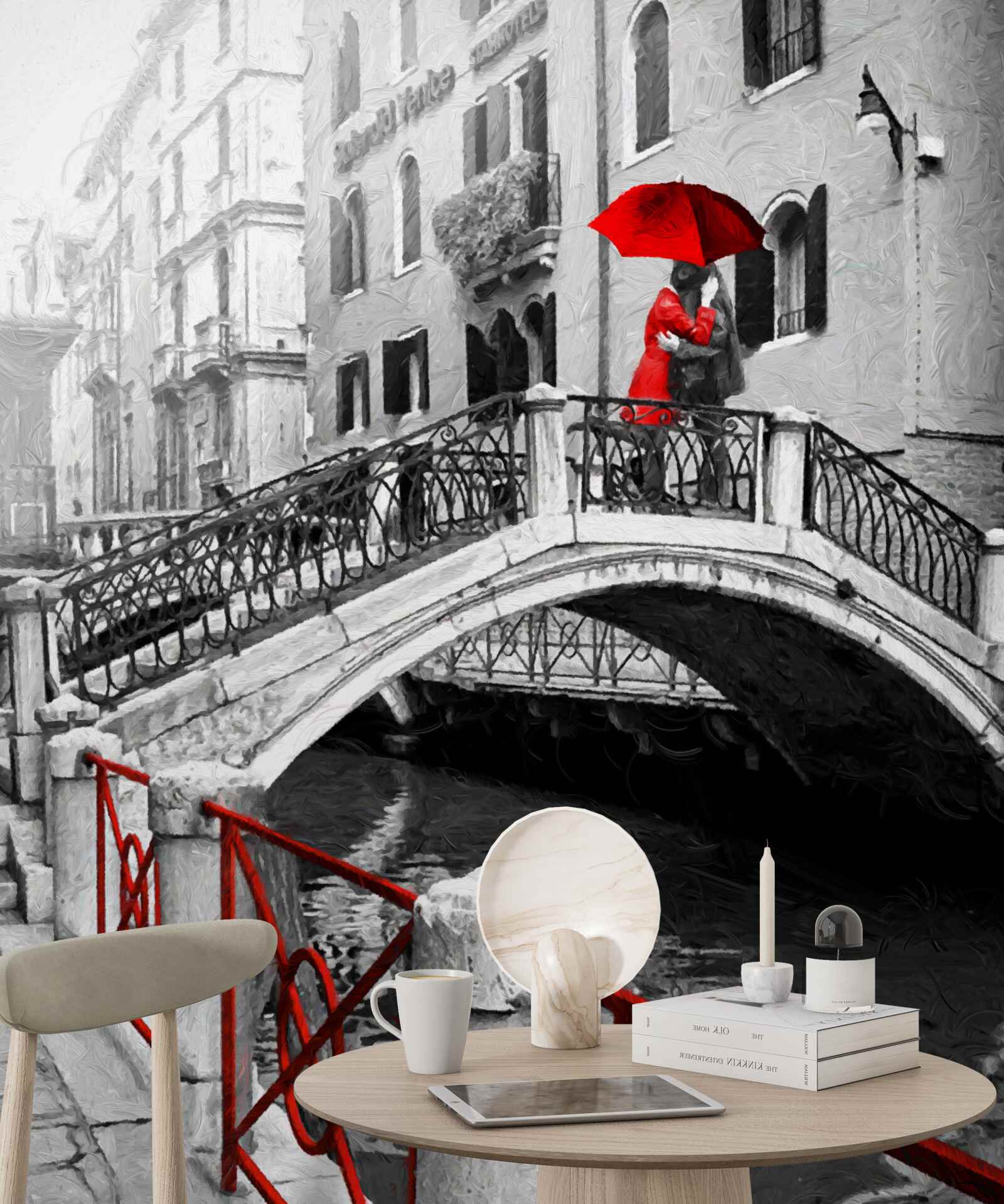 Papier peint photographie en noir et blanc du couple sur le pont de venise