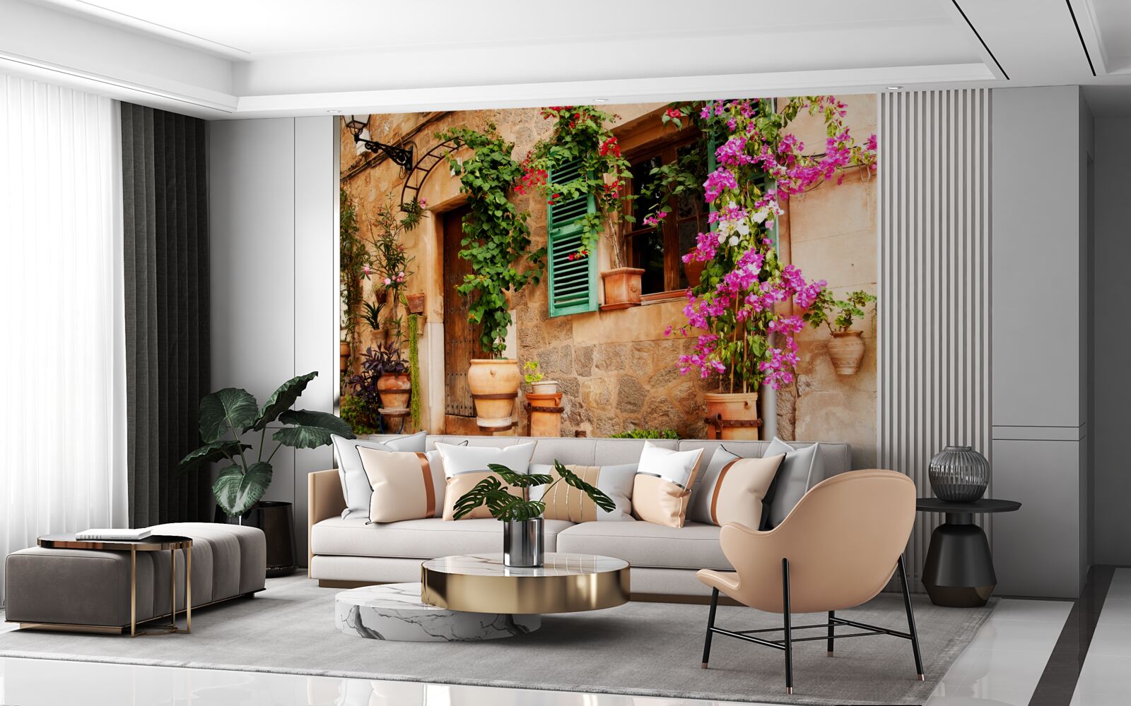 Papier peint plantes en conteneurs sur un ancien trottoir