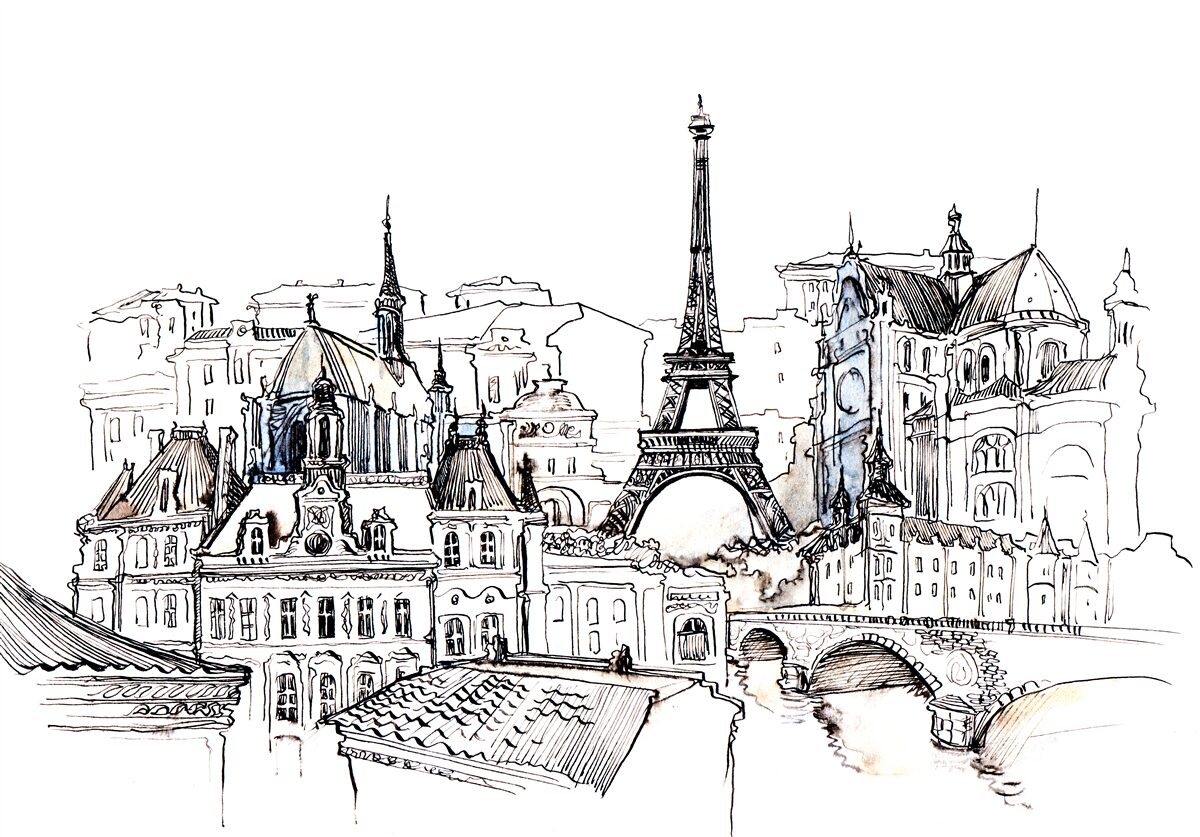 Papier peint sites importants de paris, représentés au crayon