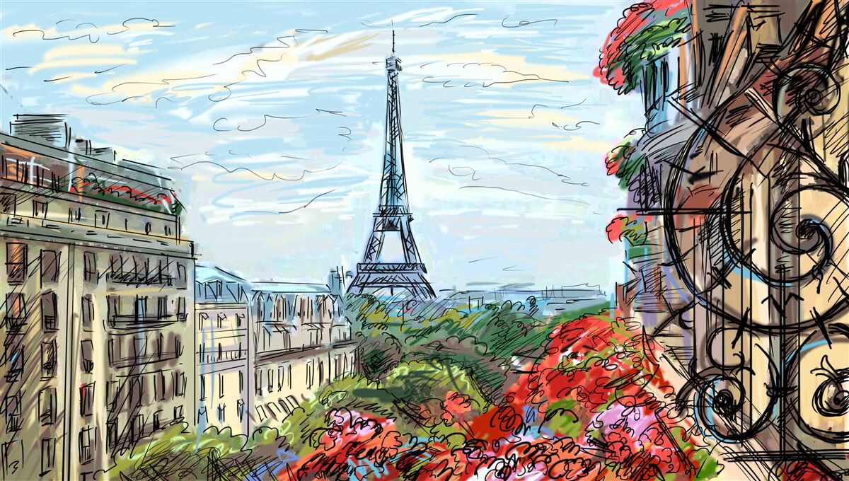 Papier peint vue imprenable sur la tour eiffel depuis le balcon
