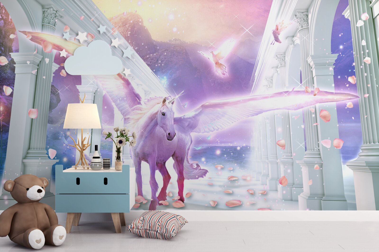 Papier peint une licorne magique flottant dans le ciel