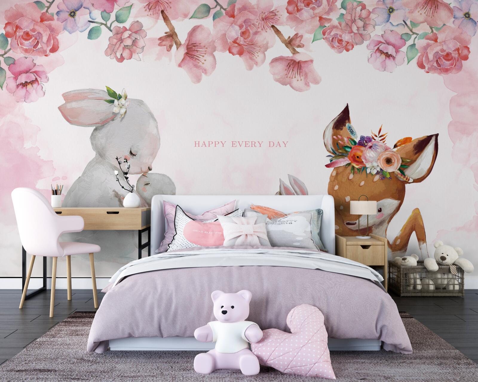 Papier peint chiot cerf et adorables lapins
