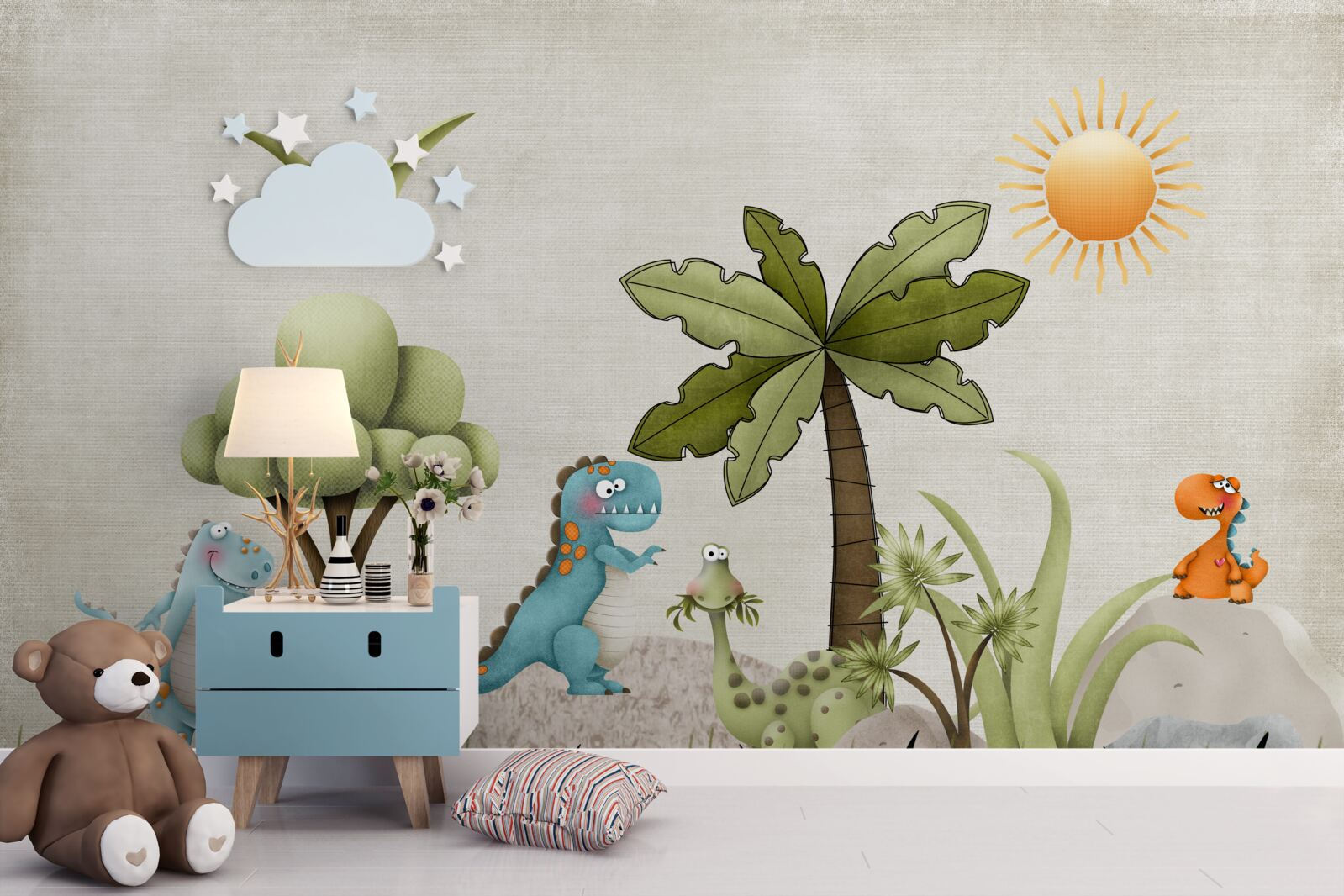 Papier peint petits dinosaures de dessins animés dans des buissons verts