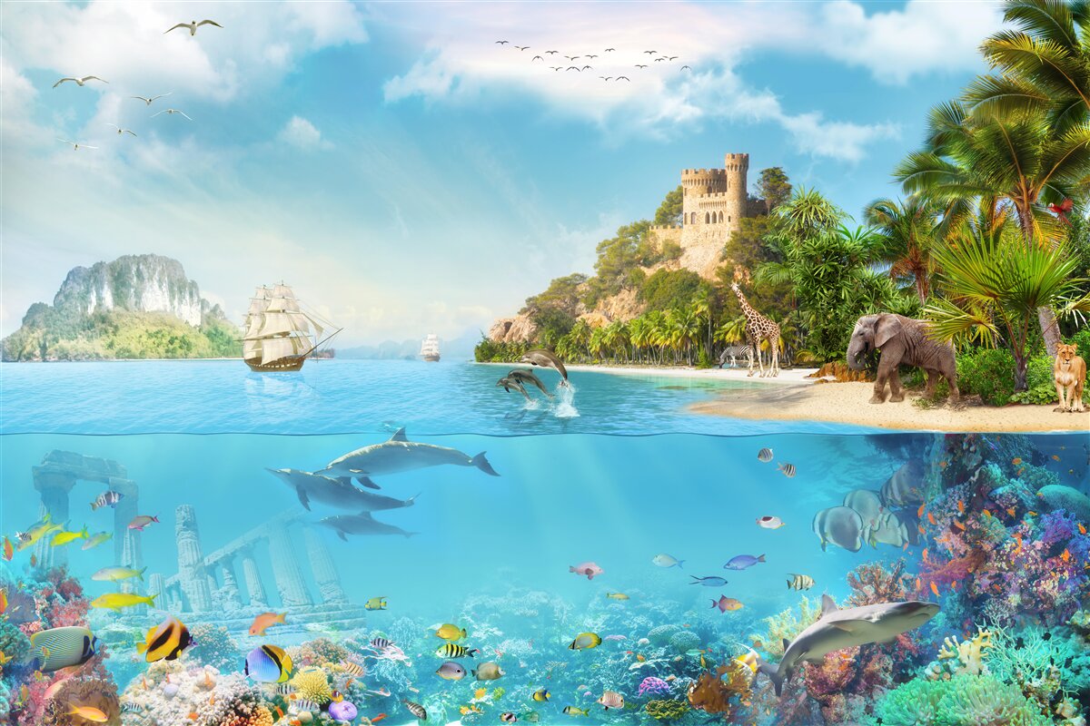 Papier peint une île enchantée peuplée de divers animaux