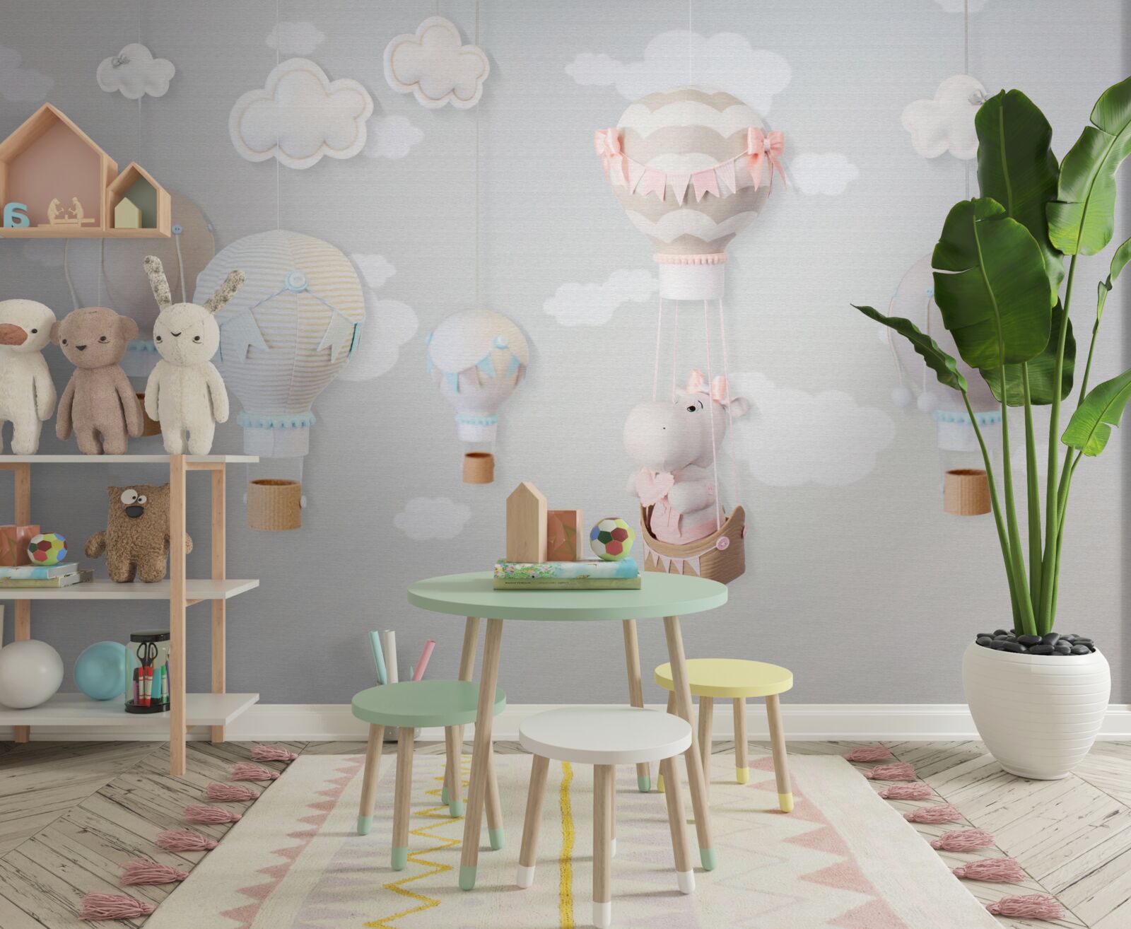 Papier peint petit hippopotame dans une boule volante