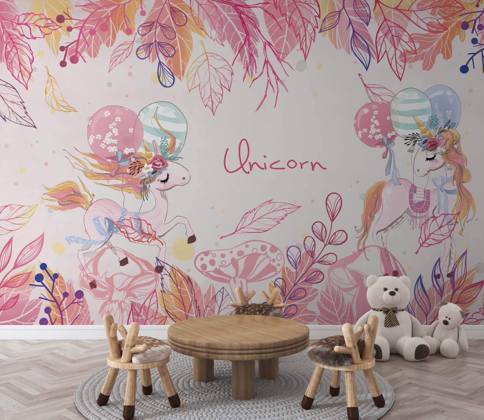 Papier peint licornes roses avec ballons à l'hélium