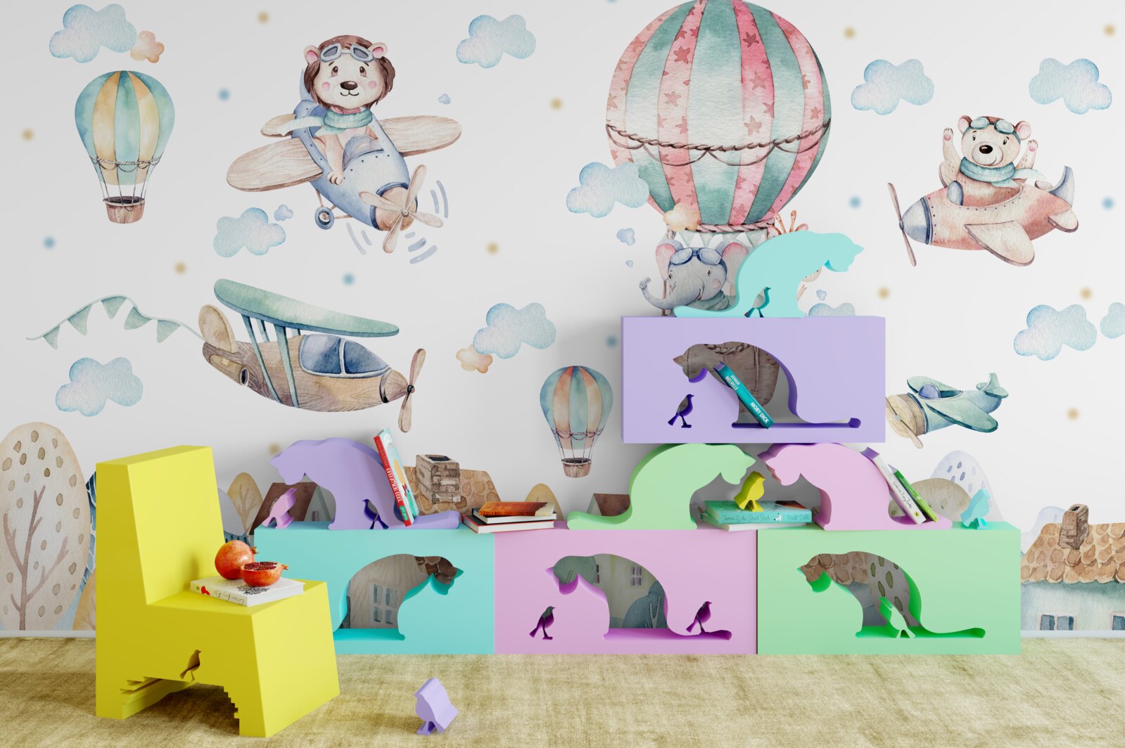 Papier peint une ville où les animaux volent
