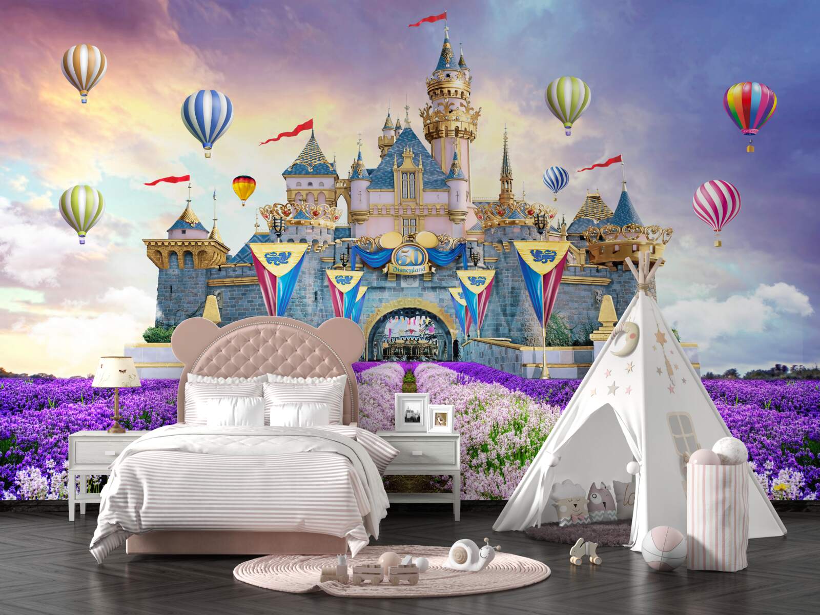 Papier peint champs de lavande avec en toile de fond un château magique