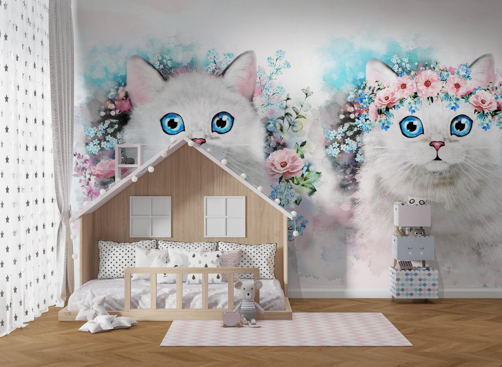 Papier peint Chat de mars entouré de fleurs