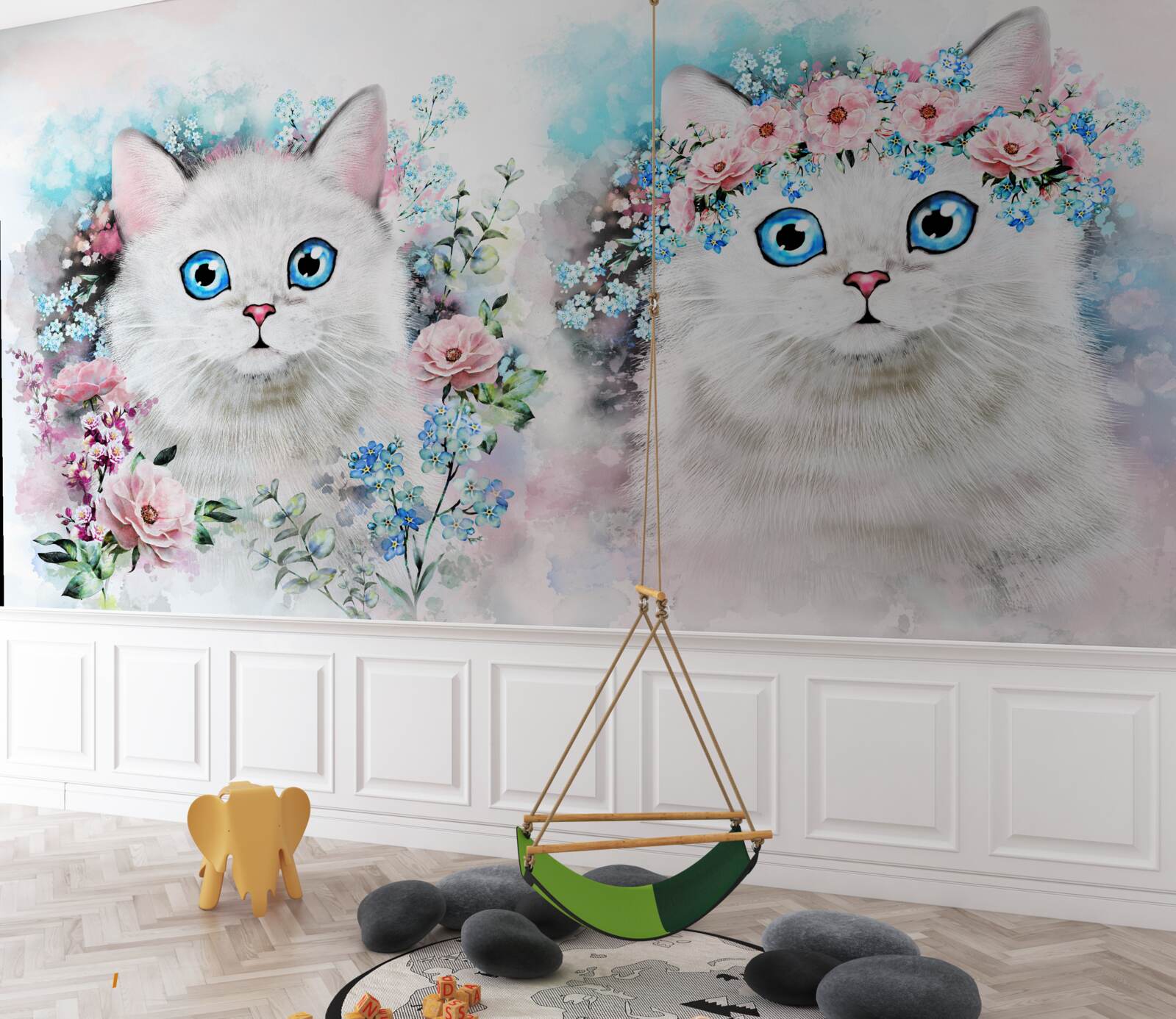 Papier peint Chat de mars entouré de fleurs