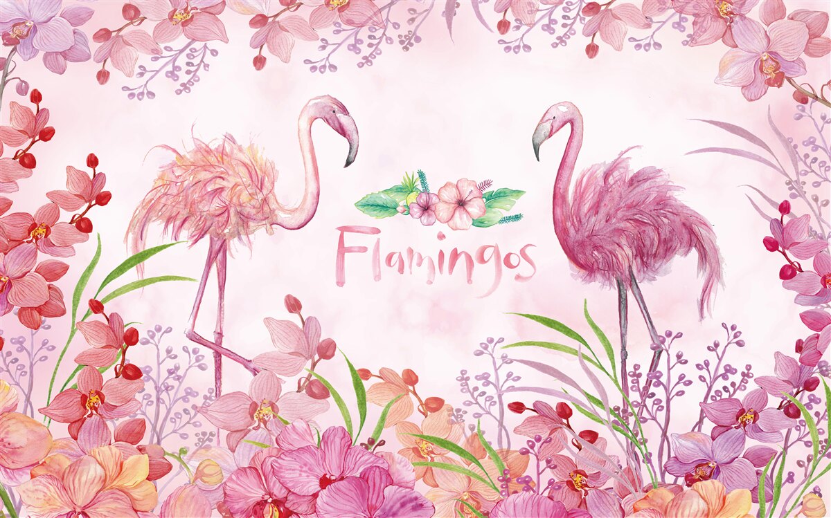 Papier peint flamant rose parmi les bourgeons roses