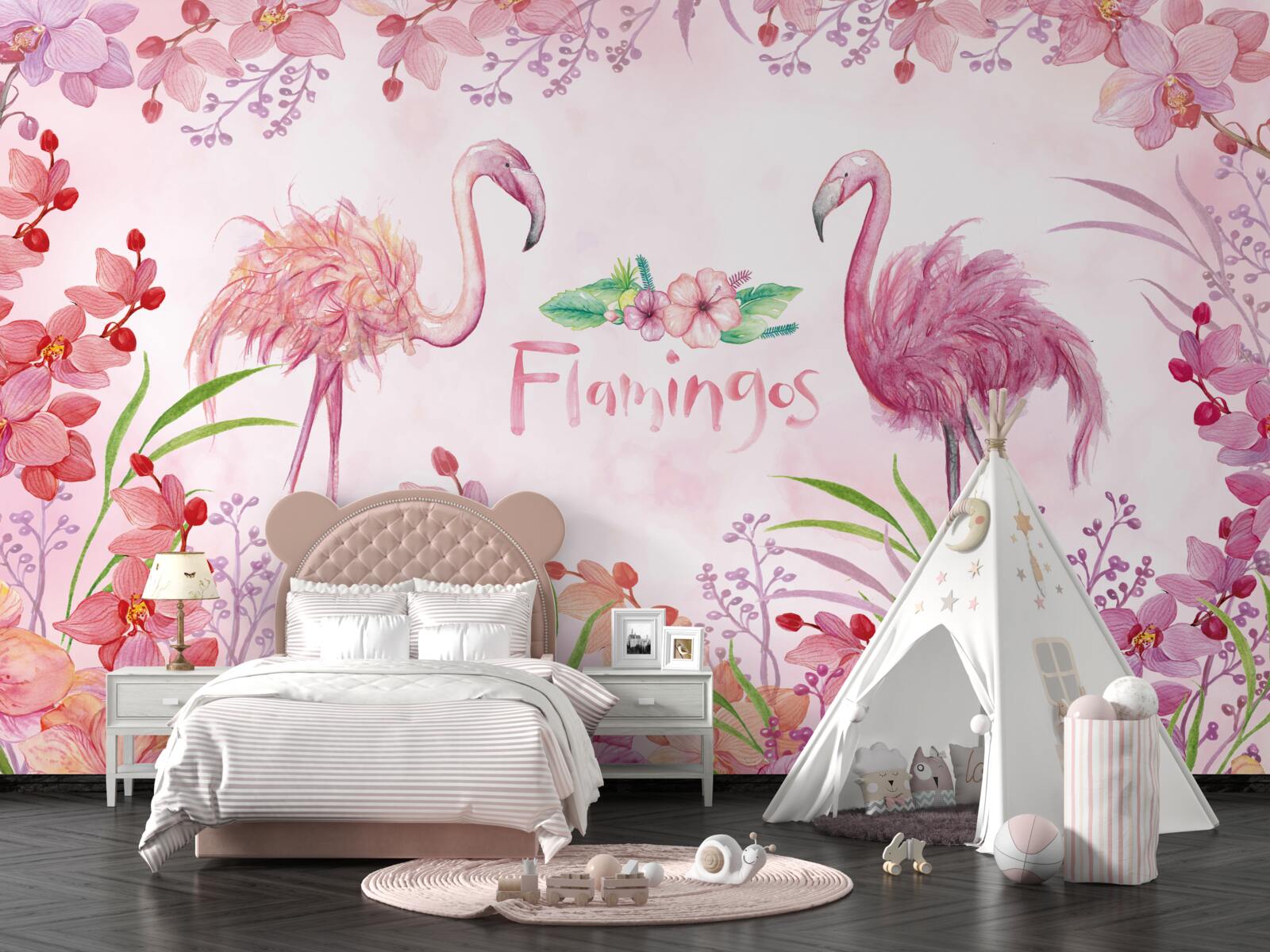 Papier peint flamant rose parmi les bourgeons roses
