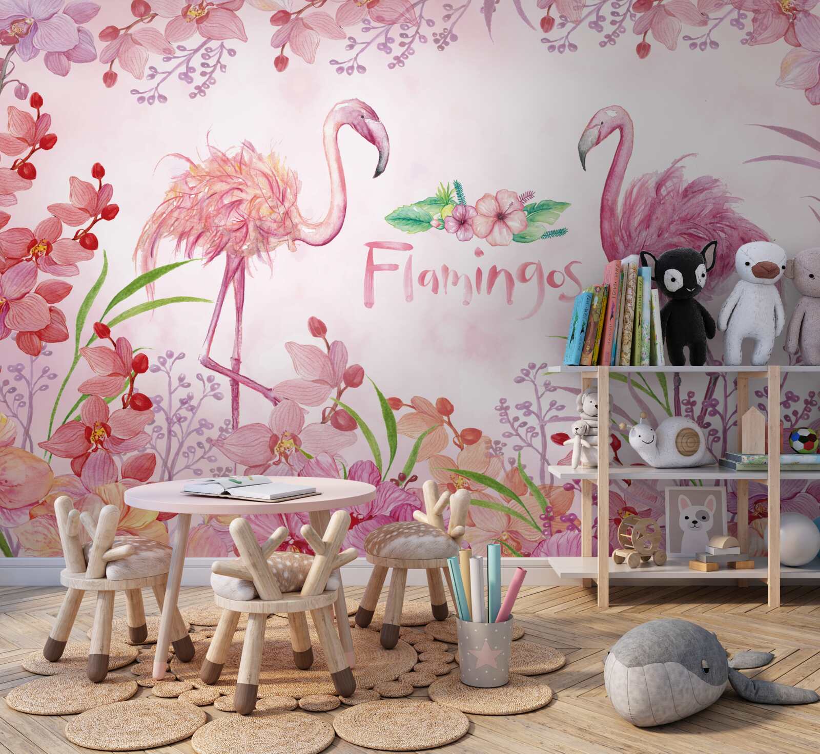 Papier peint flamant rose parmi les bourgeons roses