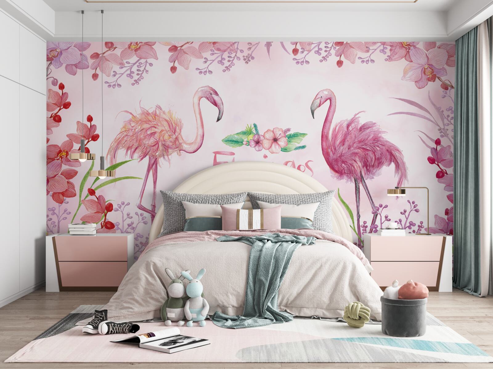 Papier peint flamant rose parmi les bourgeons roses