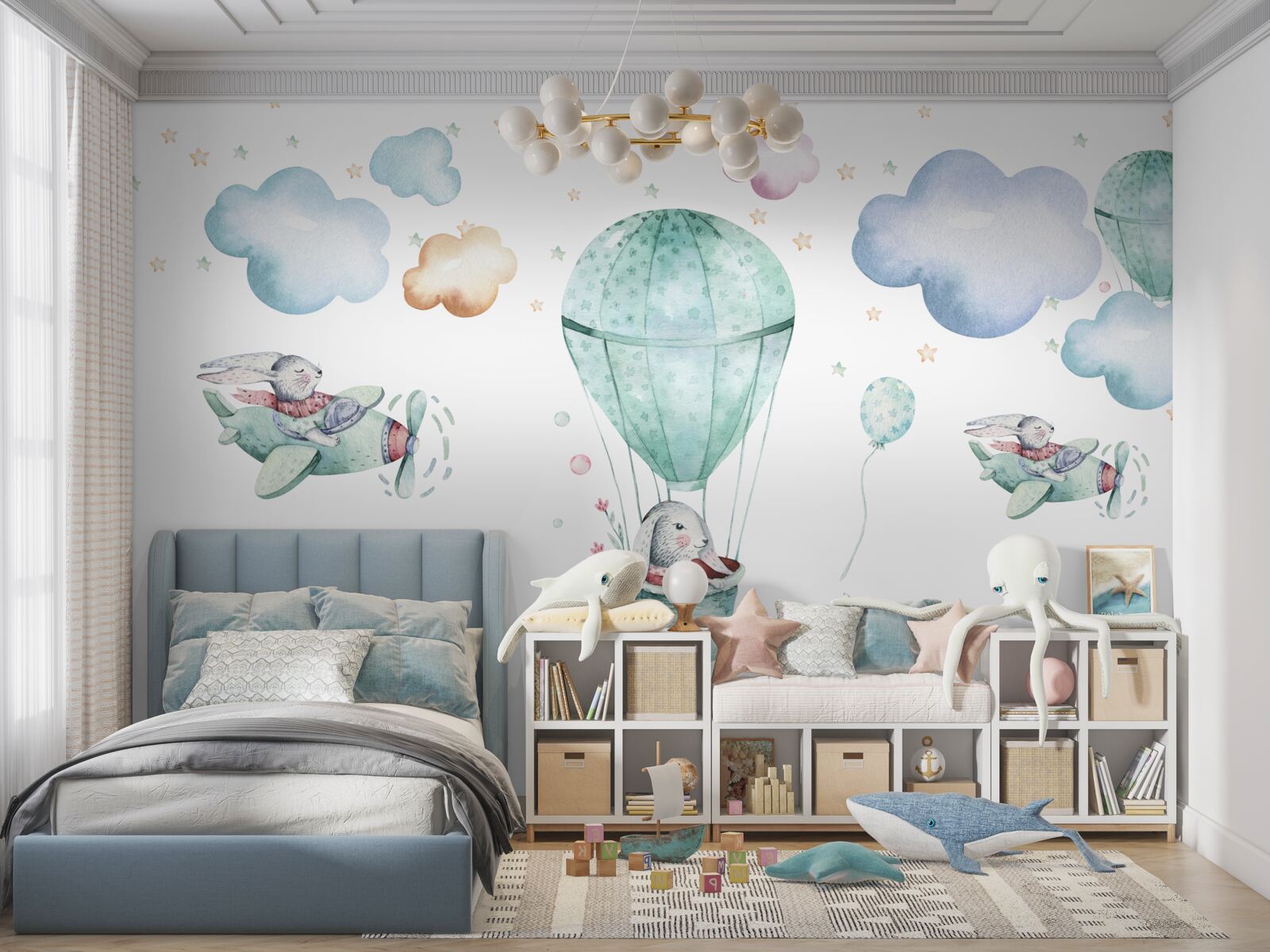 Papier peint ballons et avions avec lièvres