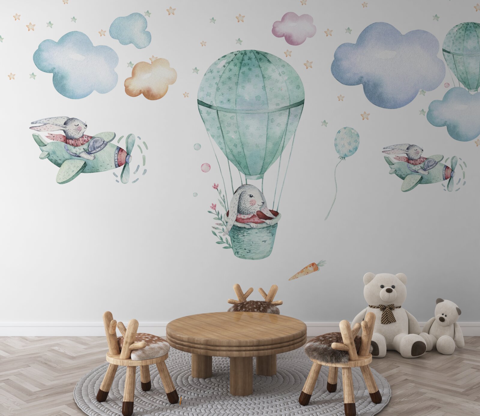 Papier peint ballons et avions avec lièvres