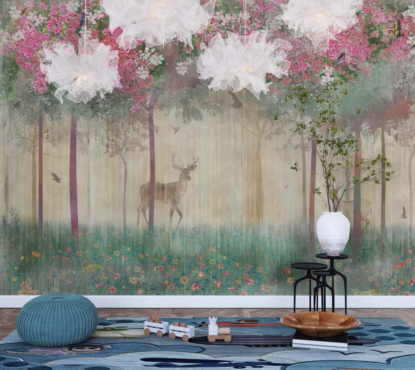 Papier peint un jardin où les cerfs brillent