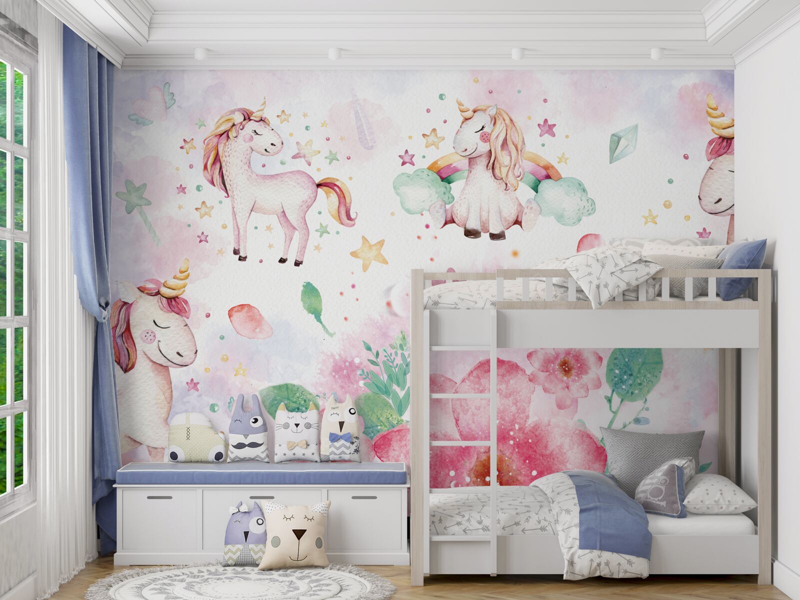 Papier peint des licornes parmi les fleurs