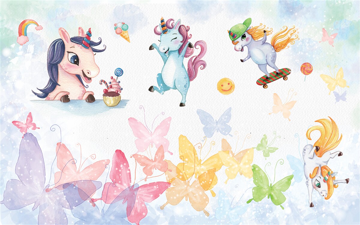 Papier peint licornes et papillons joyeux