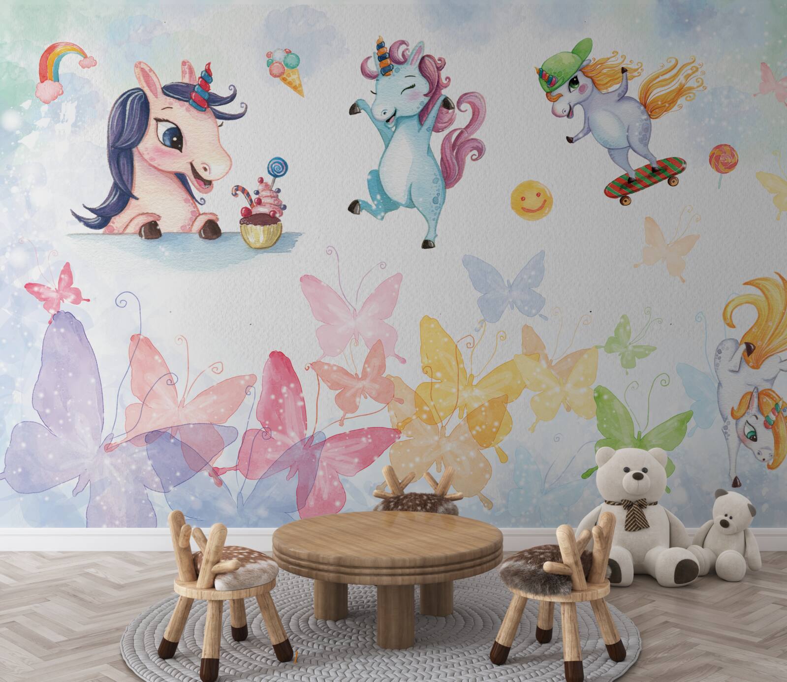 Papier peint licornes et papillons joyeux