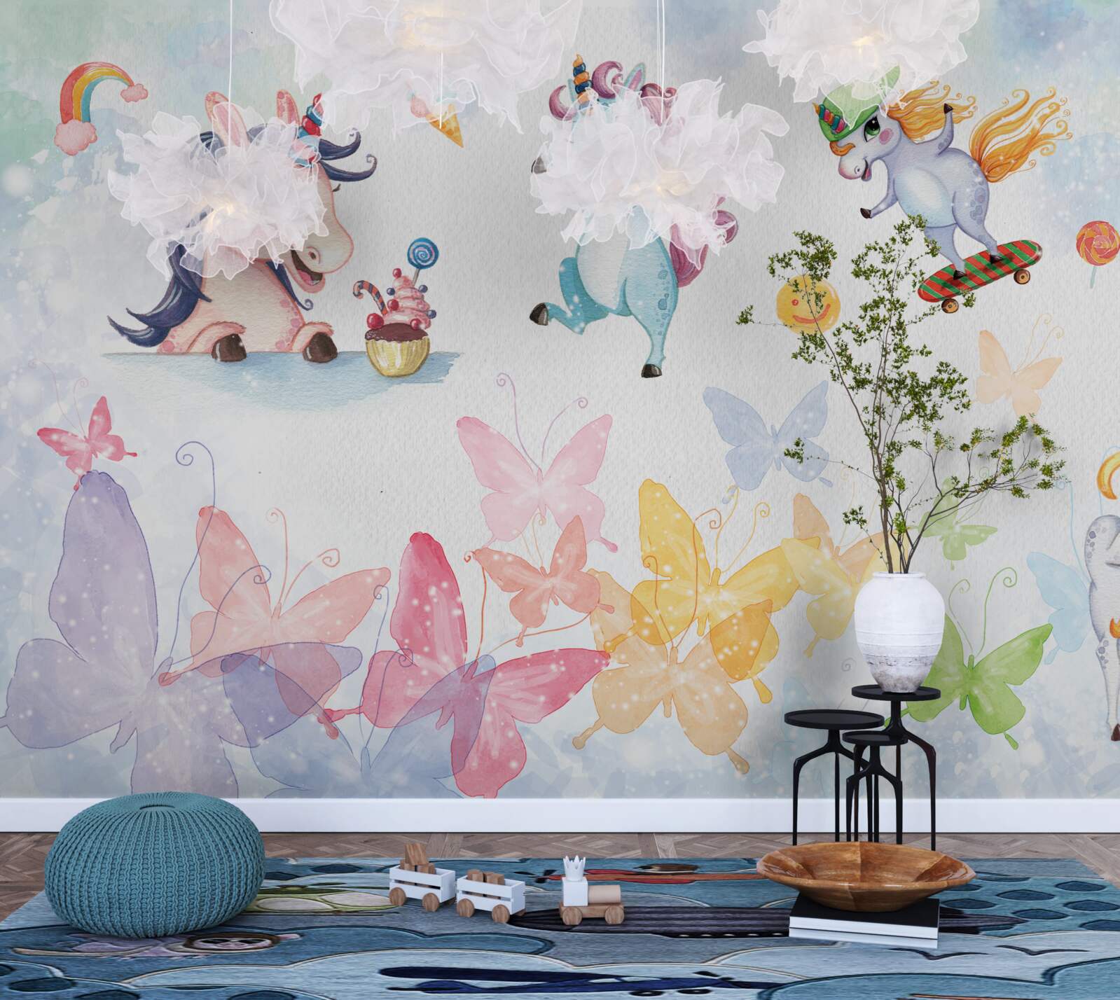 Papier peint licornes et papillons joyeux