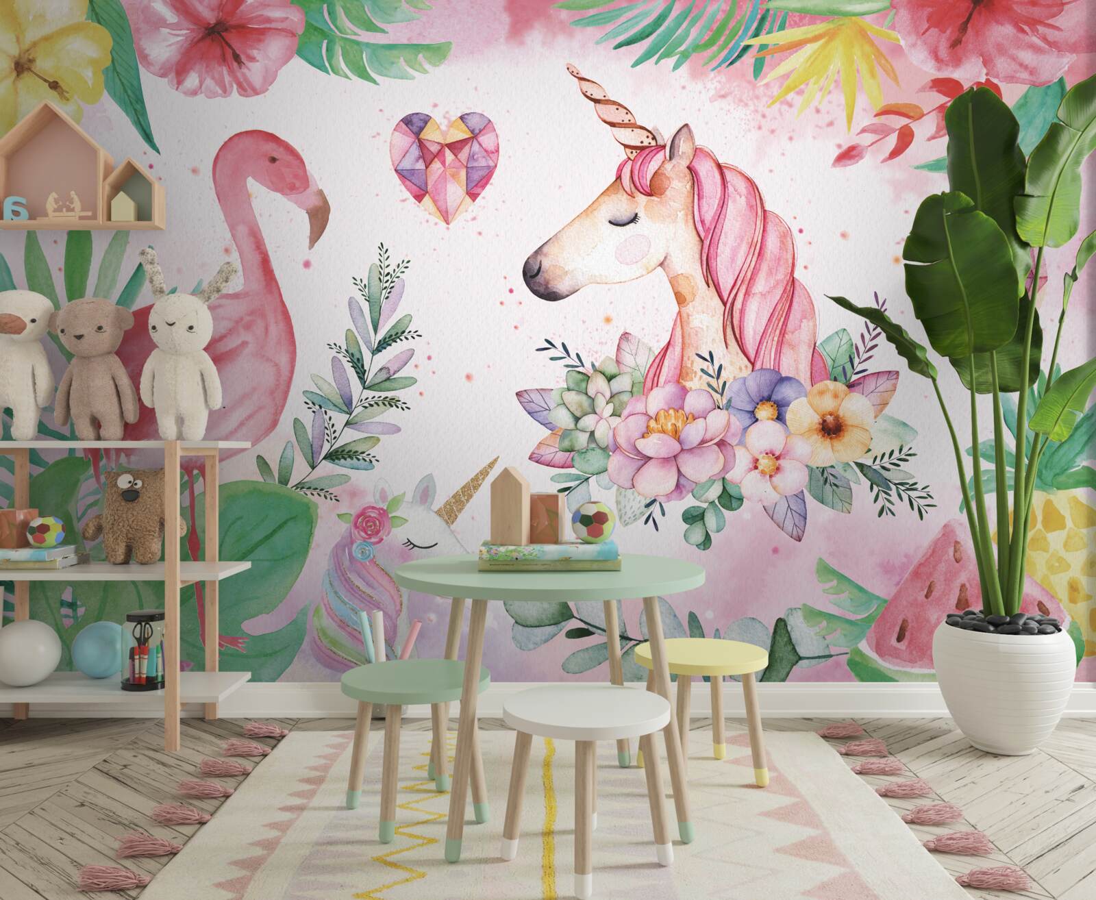 Papier peint Licorne et flamant rose