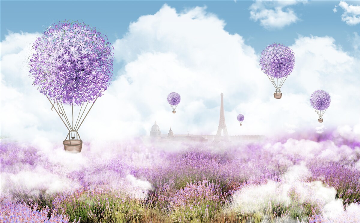 Papier peint un champ de lavande et des ballons volants