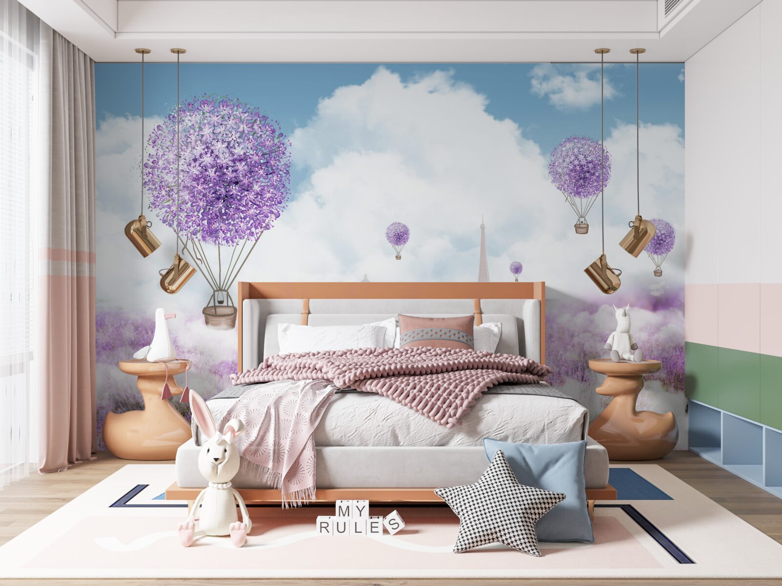 Papier peint un champ de lavande et des ballons volants