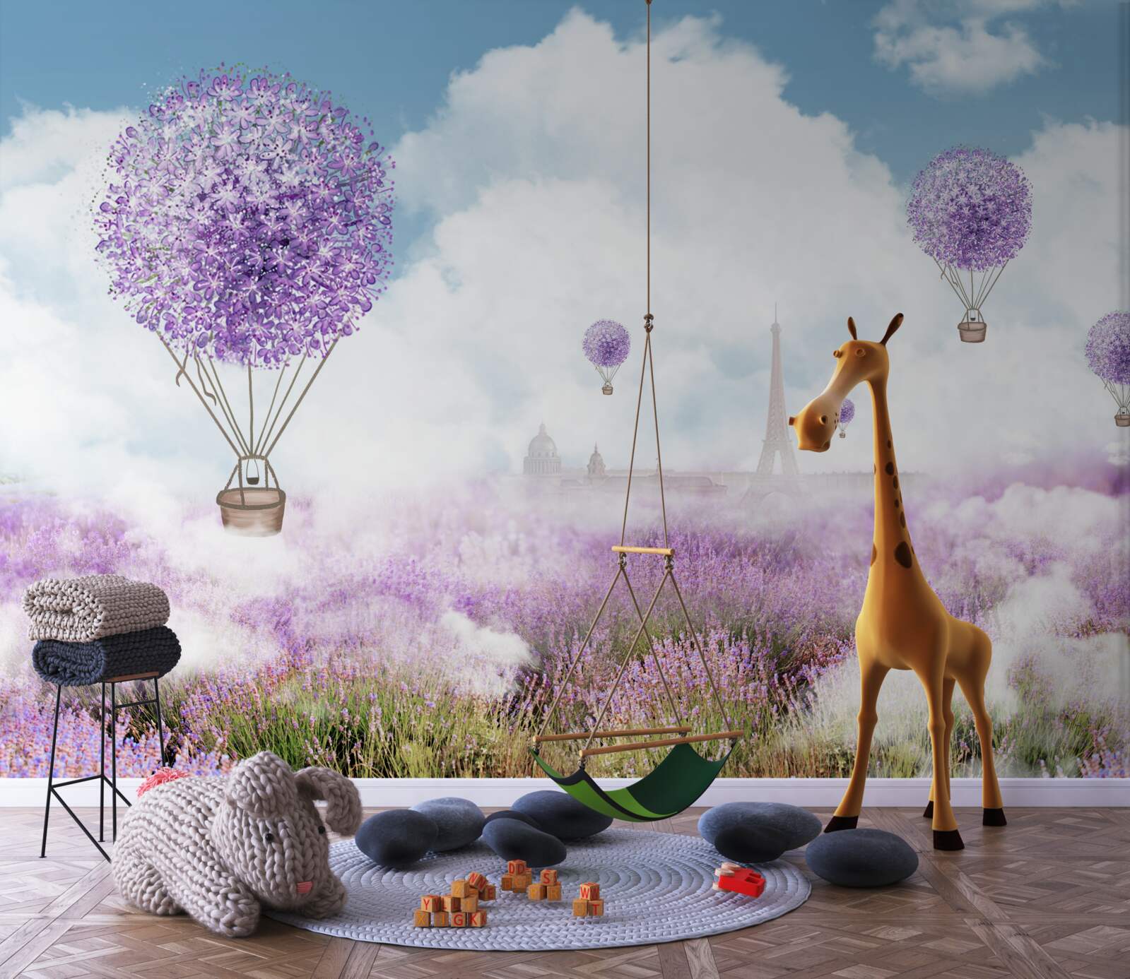 Papier peint un champ de lavande et des ballons volants
