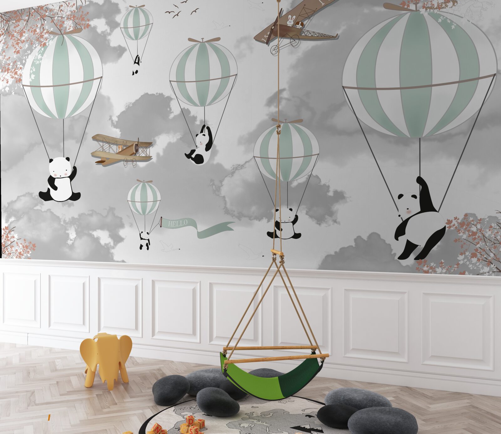 Papier peint pandas et ballons