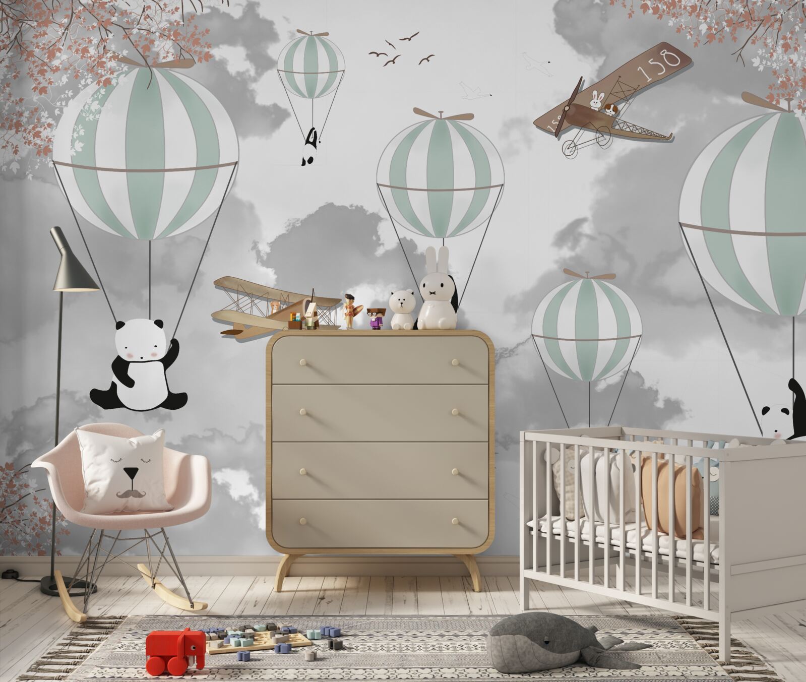 Papier peint pandas et ballons