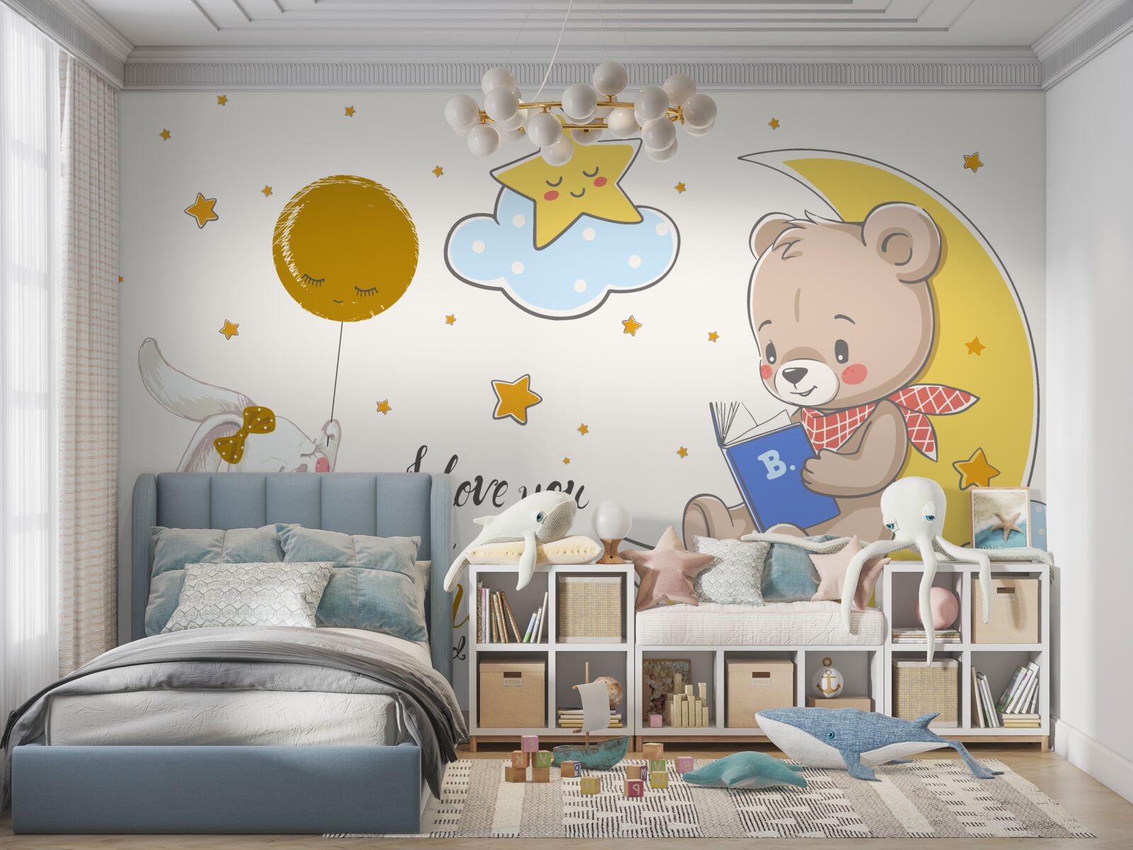 Papier peint un petit ours lit des histoires à un lièvre