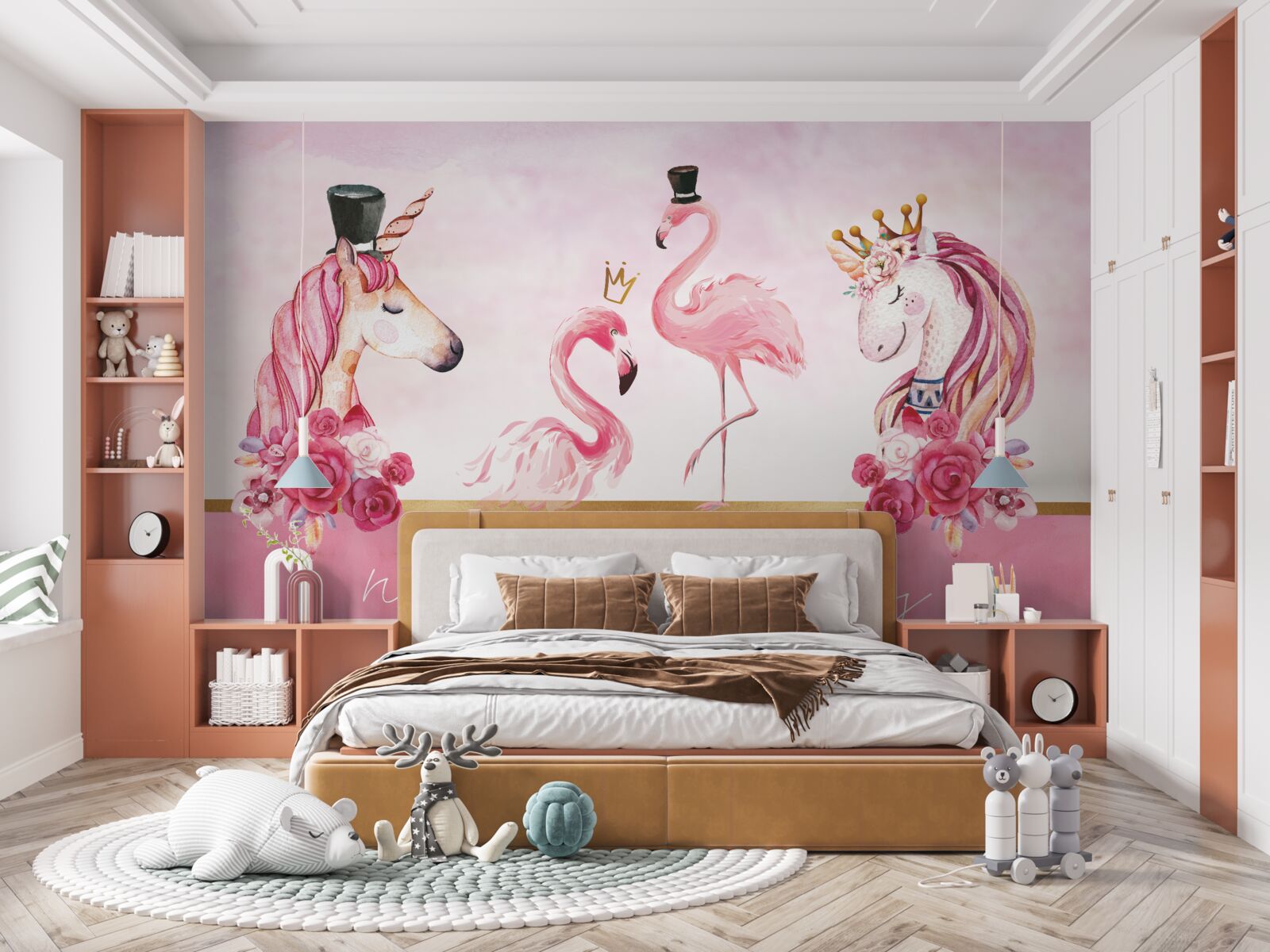 Papier peint flamants roses et licornes roses