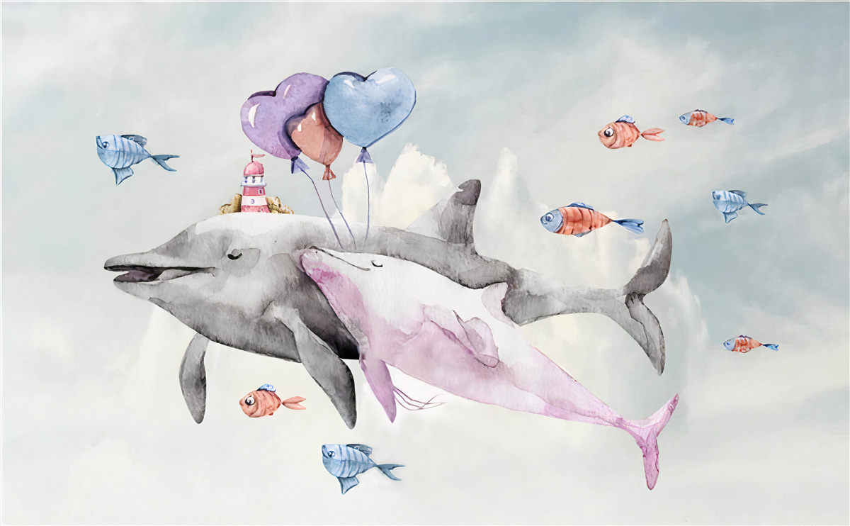 Papier peint deux dauphins avec des balles