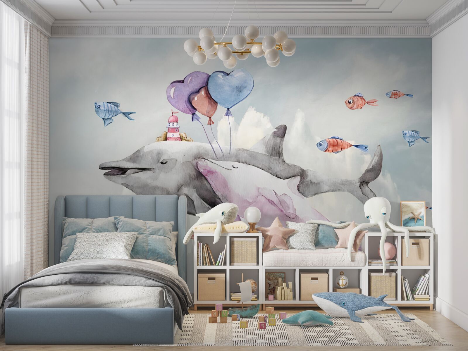 Papier peint deux dauphins avec des balles