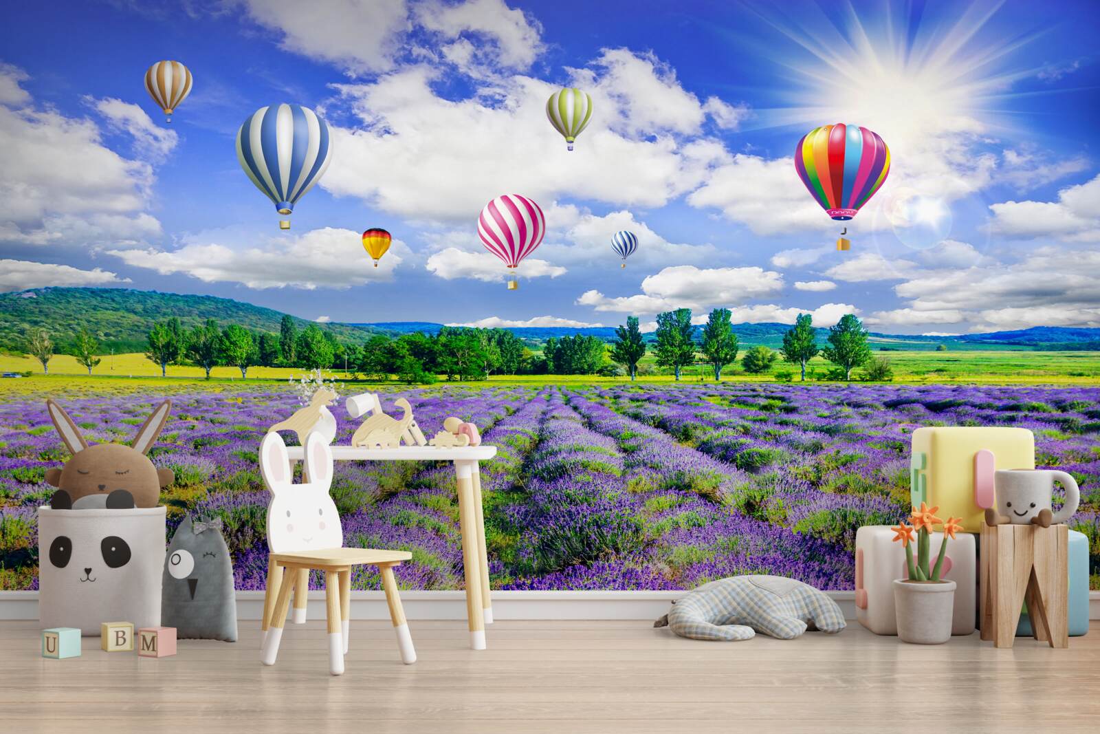 Papier peint des ballons colorés sur un champ de lavande