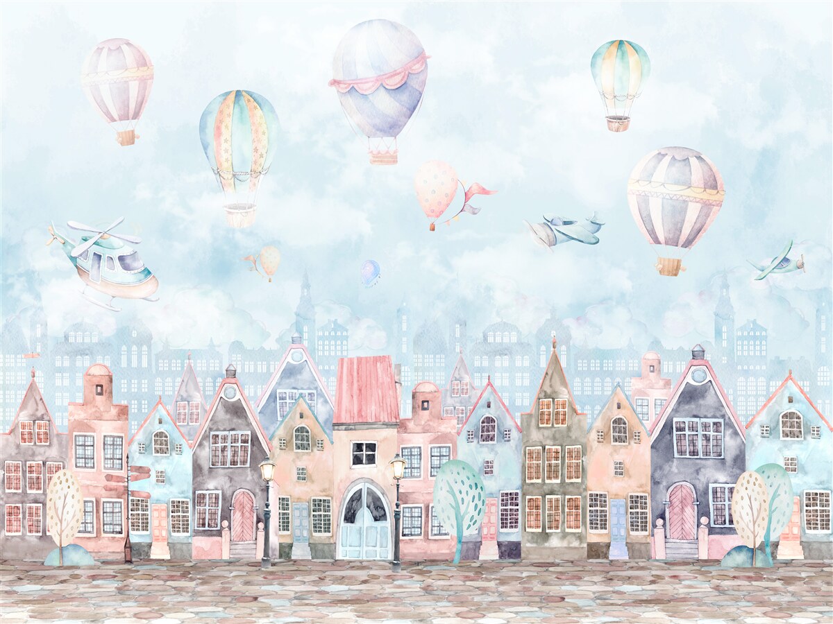 Papier peint des montgolfières flottent au-dessus de maisons peintes de différentes couleurs