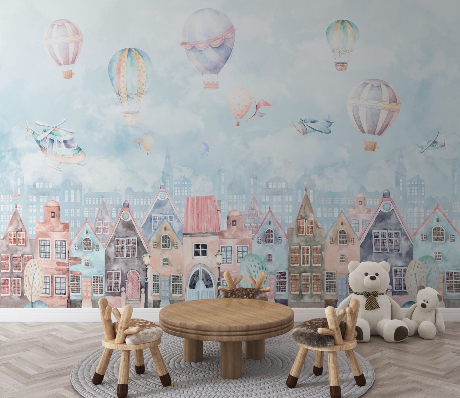 Papier peint des montgolfières flottent au-dessus de maisons peintes de différentes couleurs
