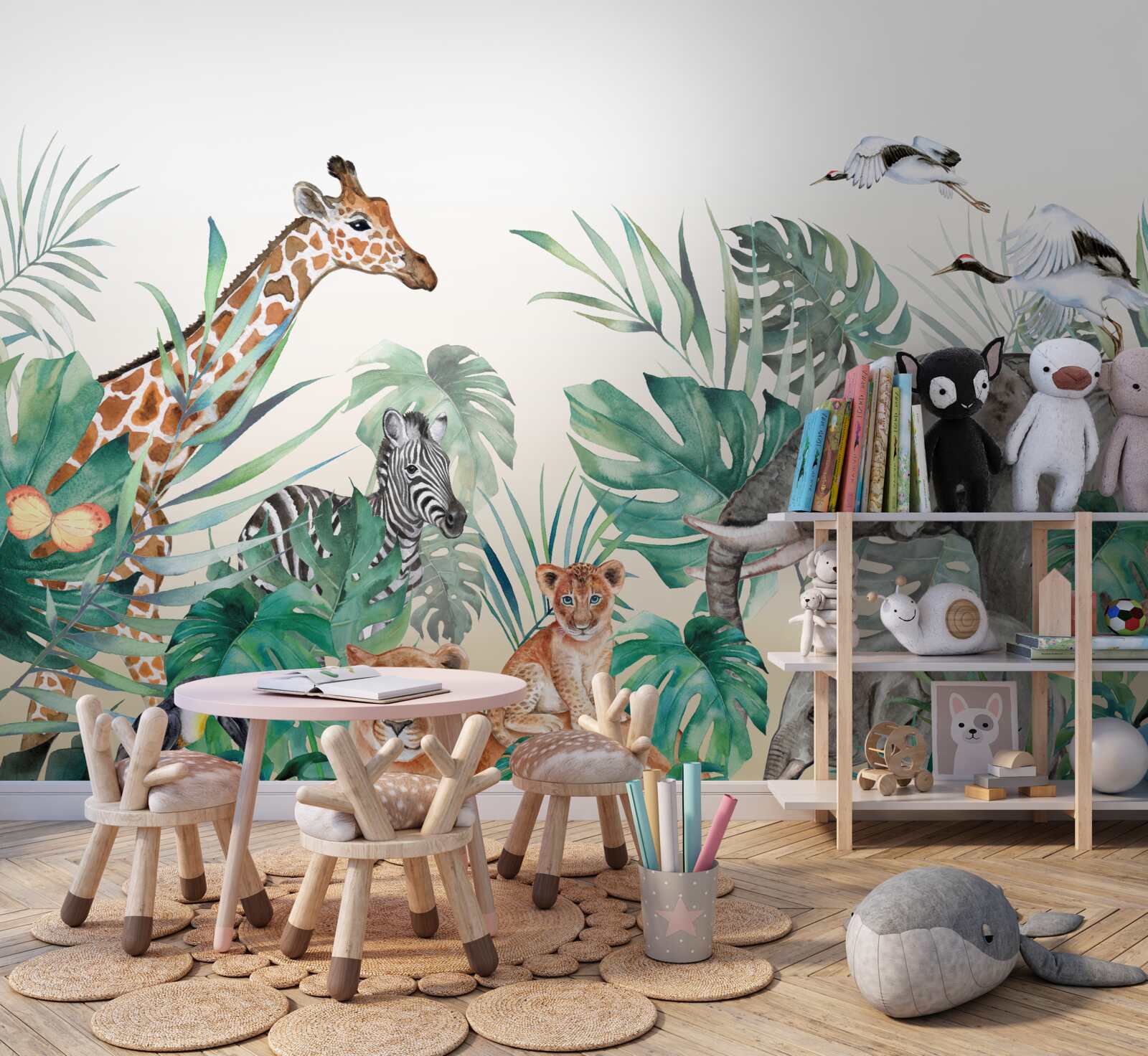Papier peint animaux d'afrique parmi les feuilles