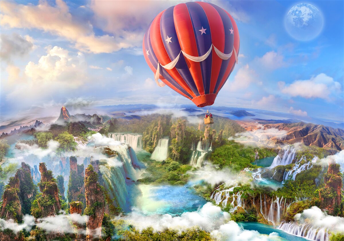 Papier peint ballon flottant sur de magnifiques chutes d'eau