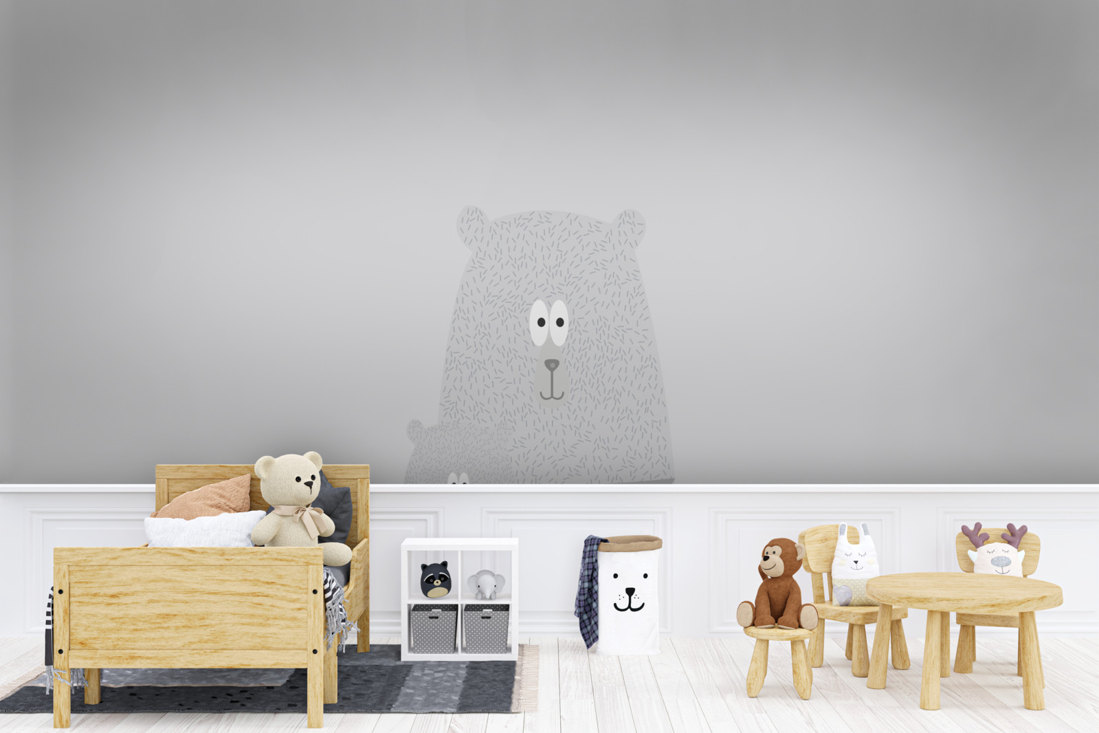 Papier peint ours gris sur fond gris uni