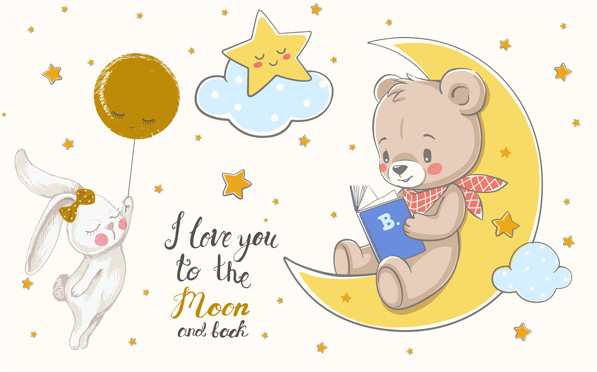 Papier peint un ours en peluche sur la lune et un lapin avec un ballon
