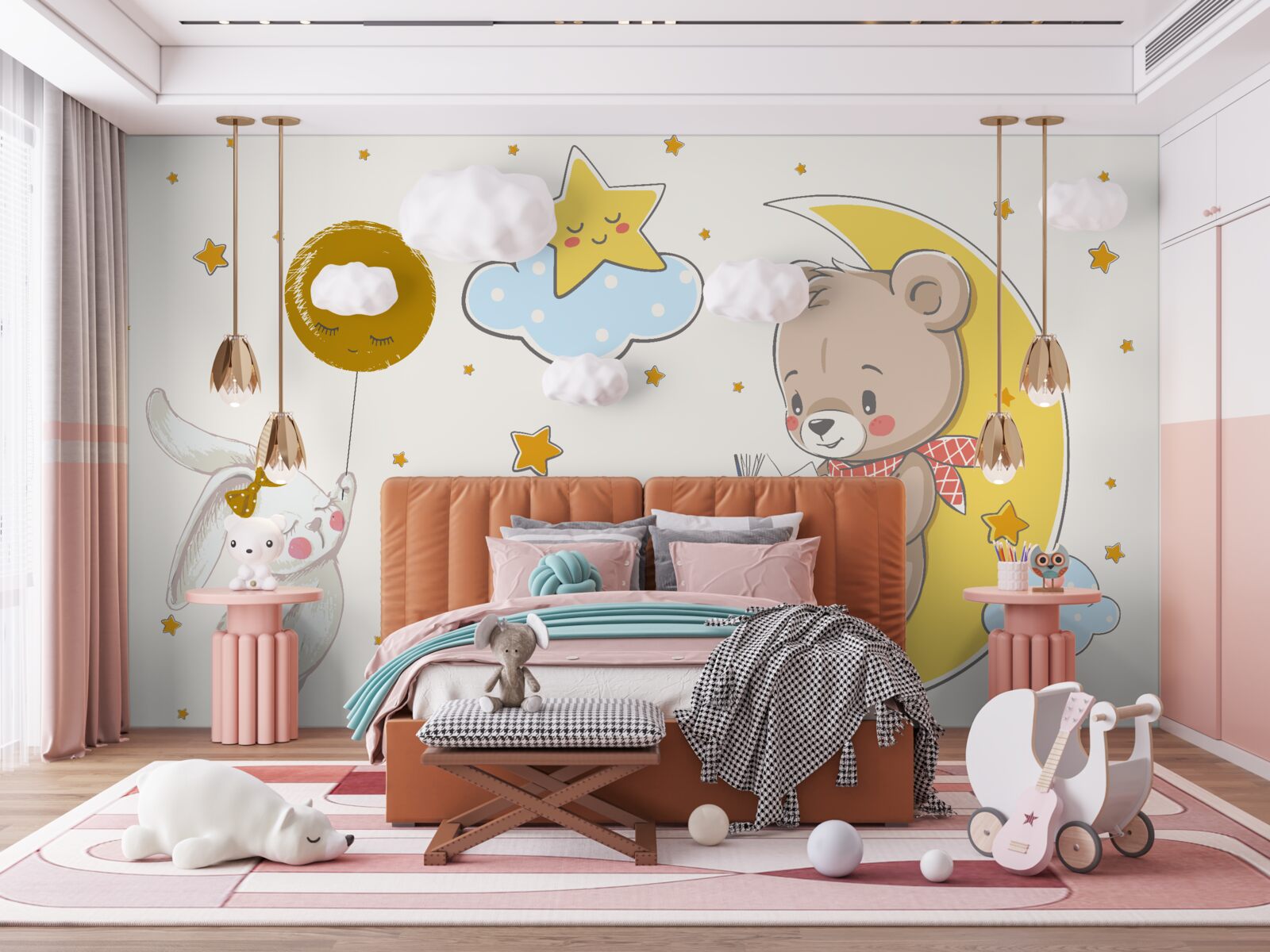 Papier peint un ours en peluche sur la lune et un lapin avec un ballon