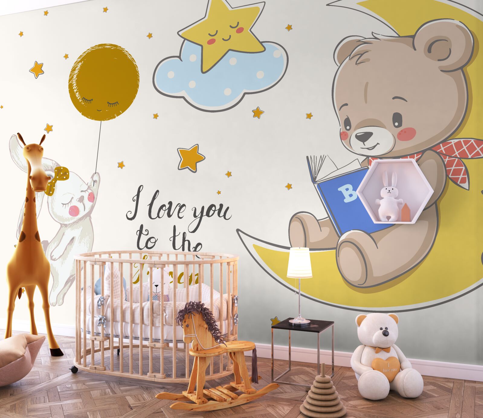 Papier peint un ours en peluche sur la lune et un lapin avec un ballon