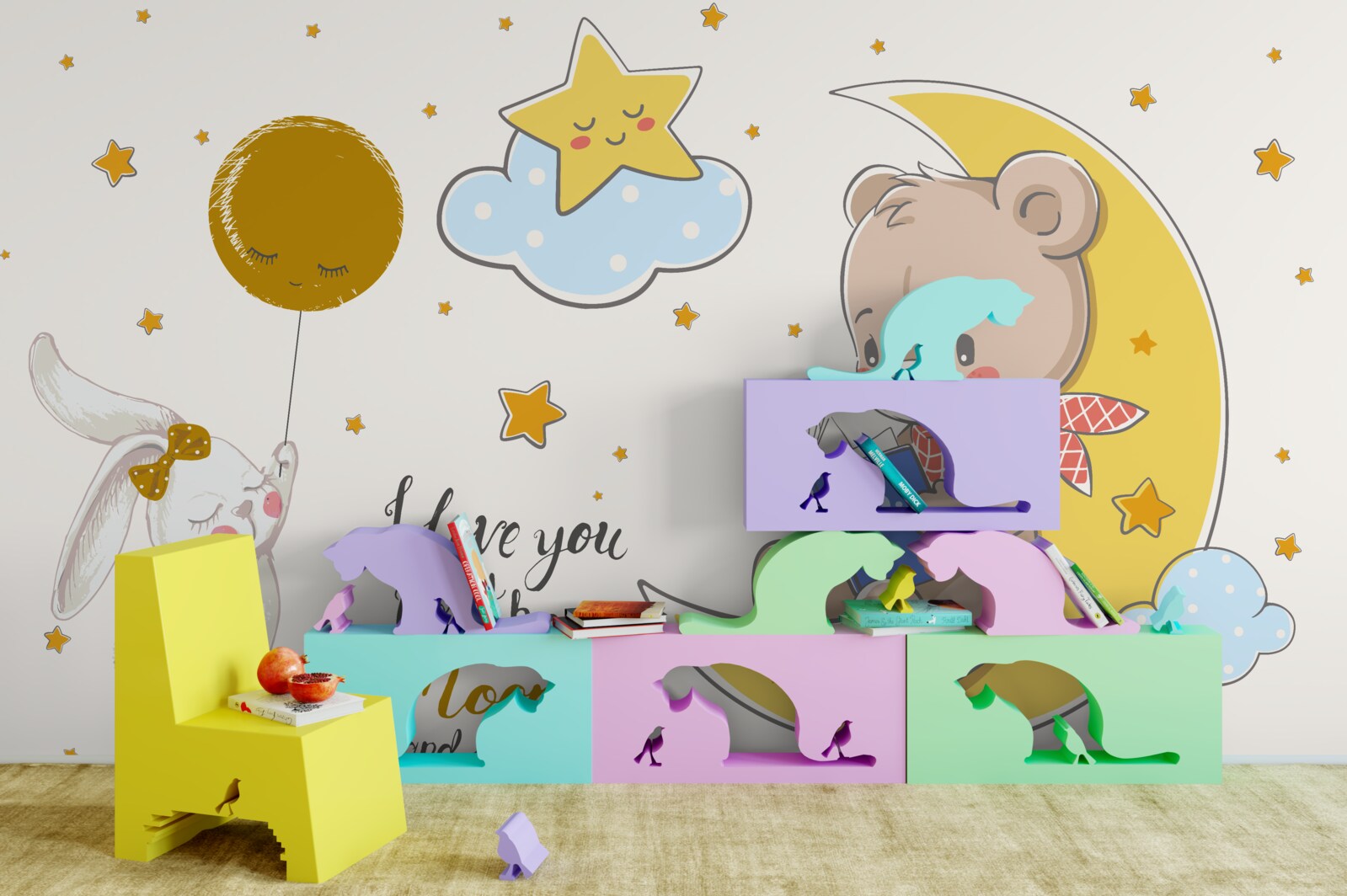 Papier peint un ours en peluche sur la lune et un lapin avec un ballon
