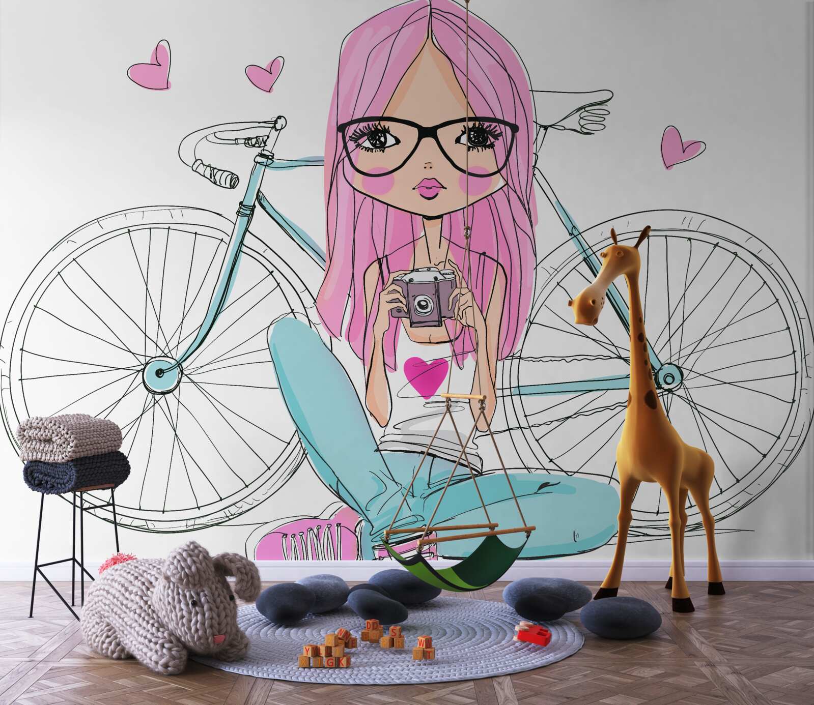 Papier peint fille à la mode sur une bicyclette