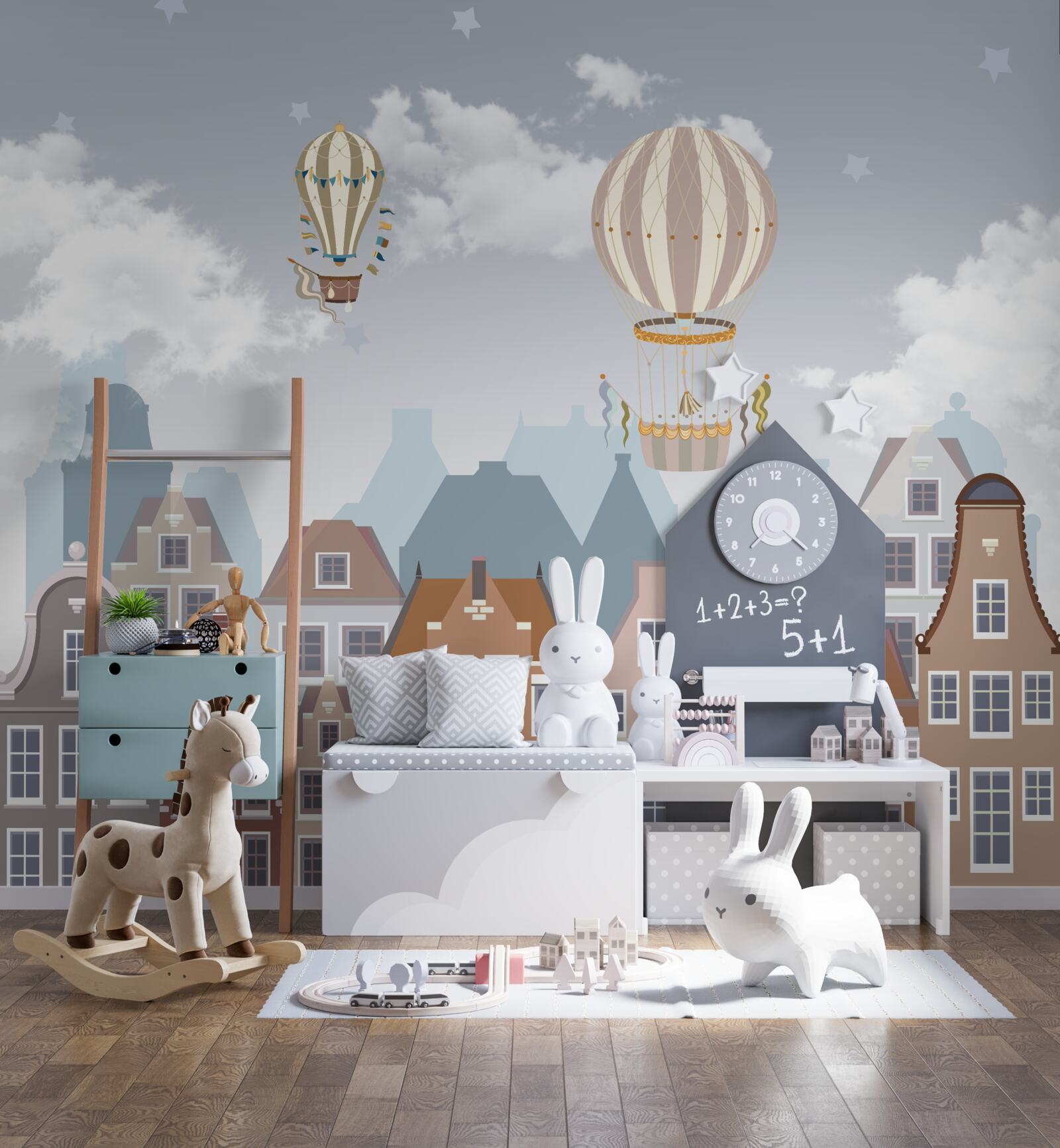 Papier peint ville sous une couverture de ballons