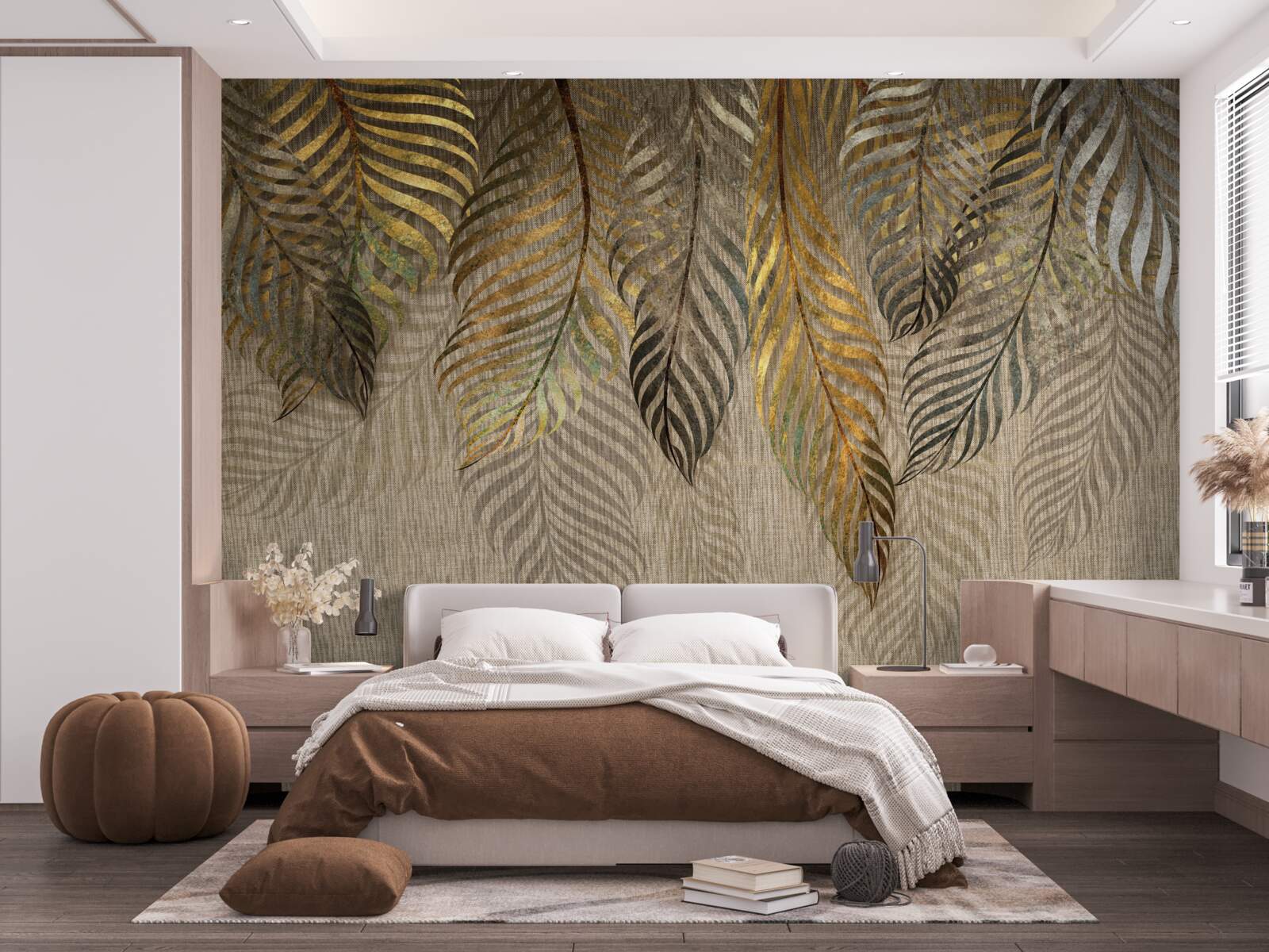 Papier peint branches de bananiers recouvertes d'or